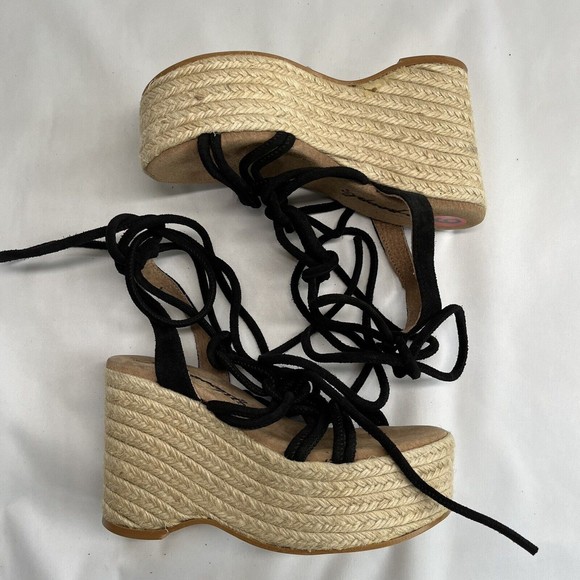 Free People Sandal Platform Wedge Espadrille 6 / 36 Black Suede Strappy Wrap Up - Picture 4 of 15